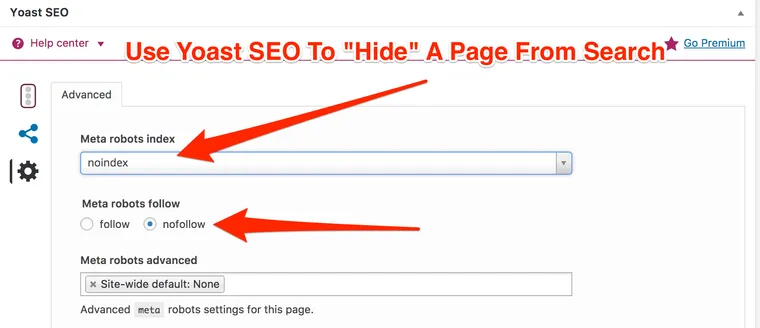 Yoast SEO hide page from search