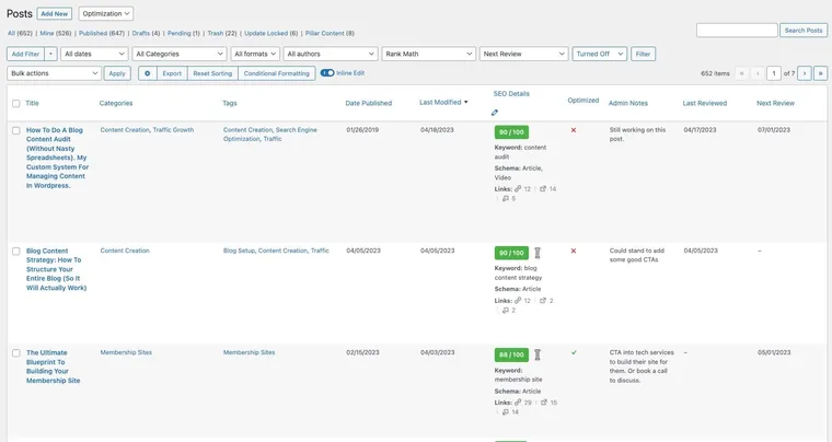 Custom screen columns for content audit