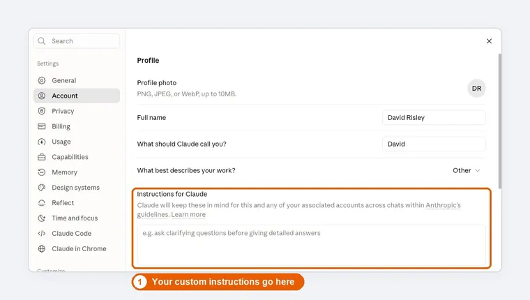 Claude settings showing the Instructions for Claude box where custom instructions go