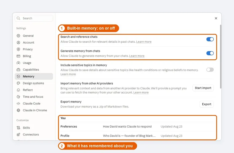 Claude memory settings with the memory toggles and the list of what Claude has remembered