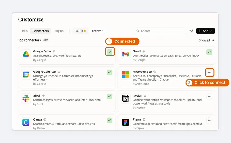 Claude connector library showing connected tools like Google Drive and Gmail, and others available to connect