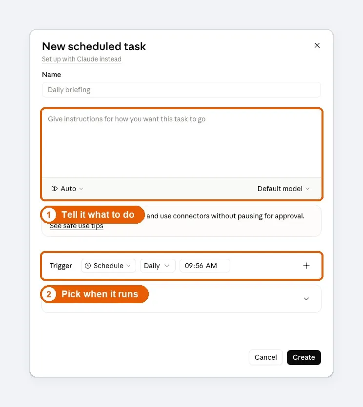Claude new scheduled task form with instructions and a daily schedule trigger