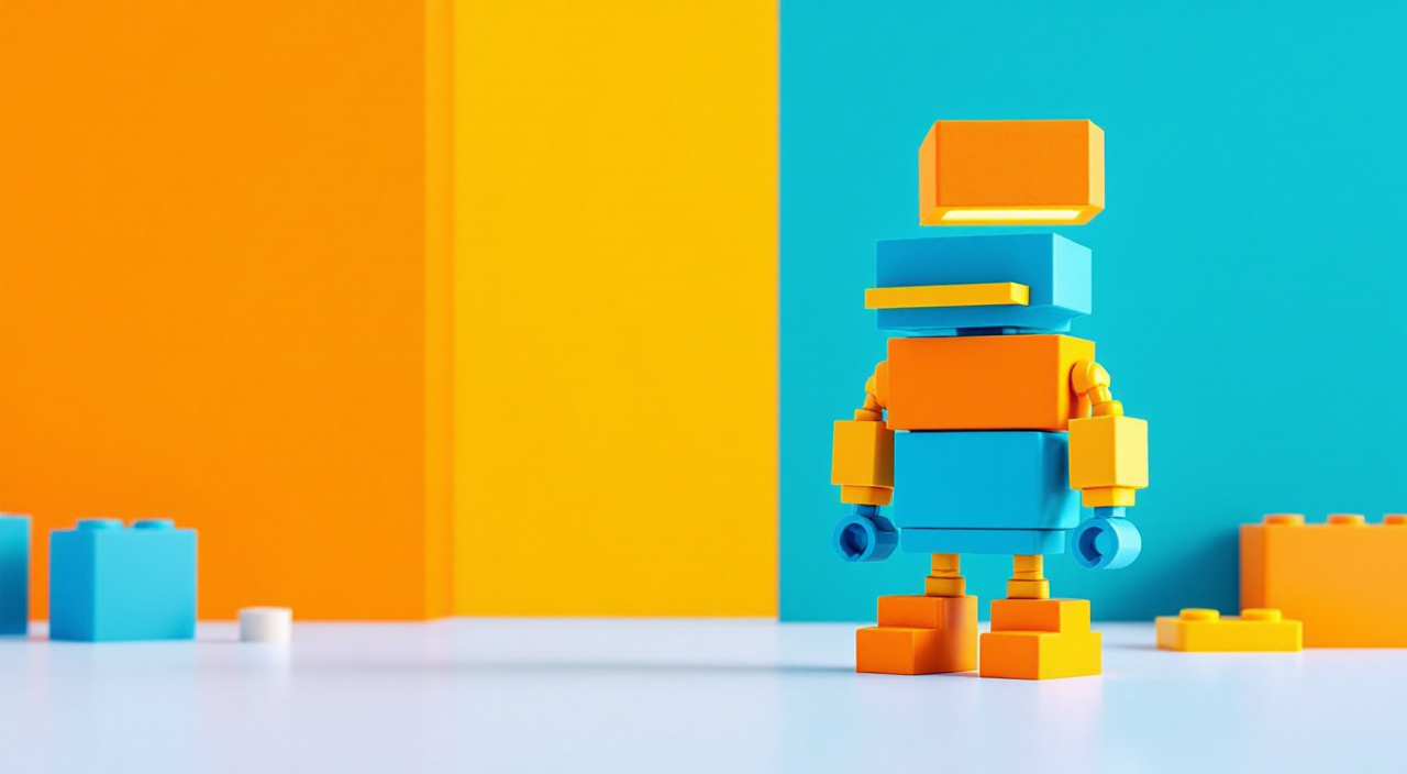 A friendly robot built from colorful toy blocks, with the last block floating into place on its head