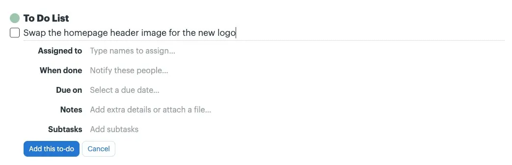 The Add a to-do form in Basecamp