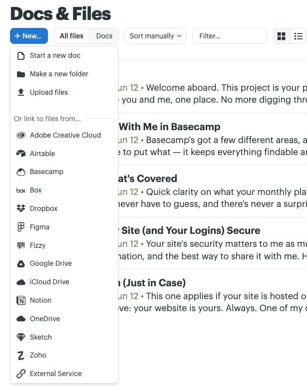 The New menu in Docs & Files: start a doc, upload files, or link files from Google Drive, Dropbox and more