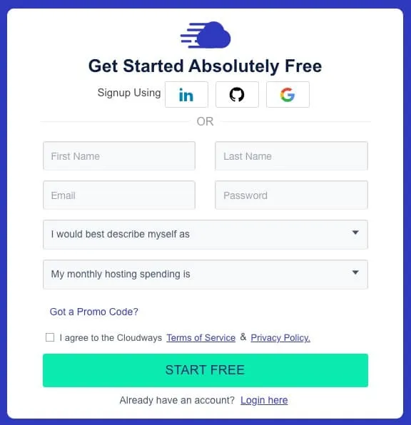 Cloudways Migration - New Account Signup