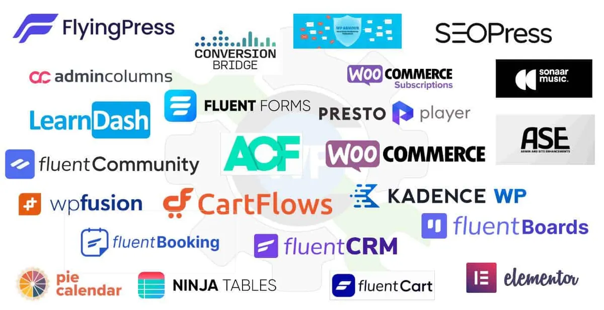 Logos of plugins in the Concierge Toolkit, including FluentCRM, LearnDash, WooCommerce, CartFlows, Kadence, Elementor and more