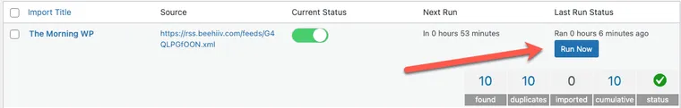 Feedzy - Run Now button