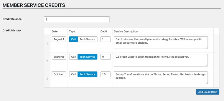 lab-member-credit-fields Service credit system - Wordpress user profile screen