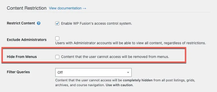 Membership Sites - WP Fusion Hide From Menus