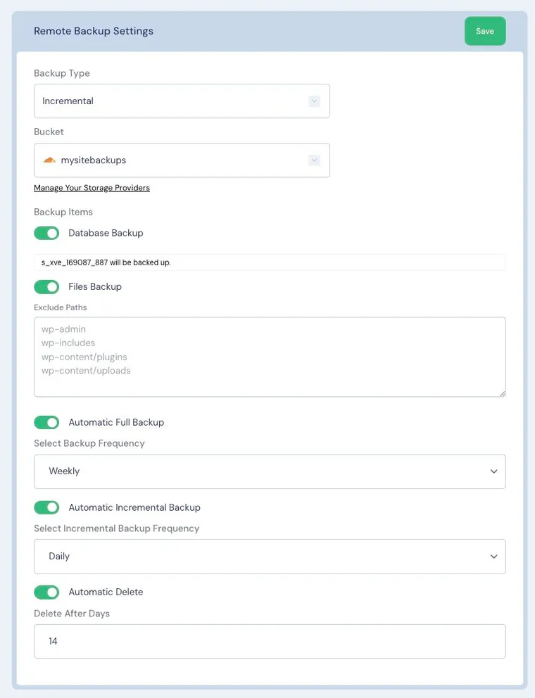 My remote backup settings within the xCloud Hosting panel