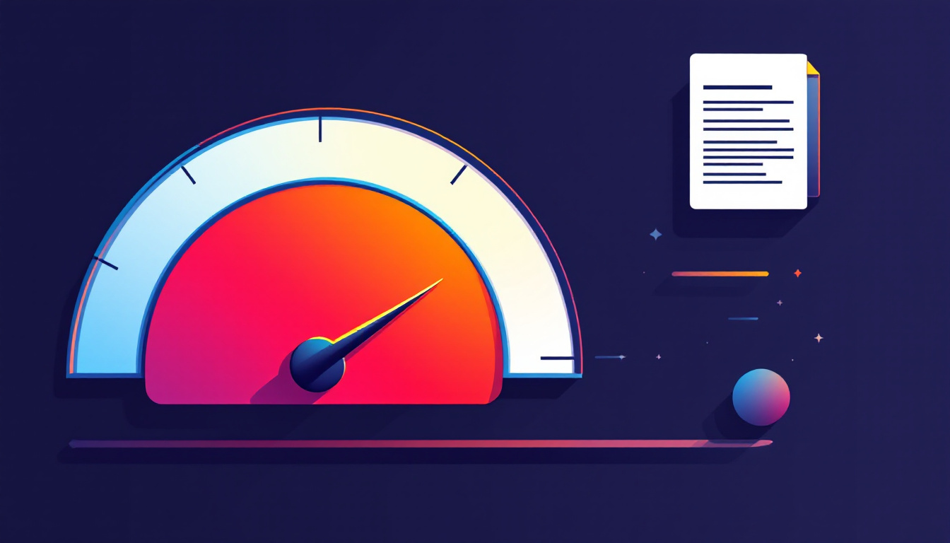 Bold semicircular speedometer with needle pointed to the high end alongside a stylized blog article document