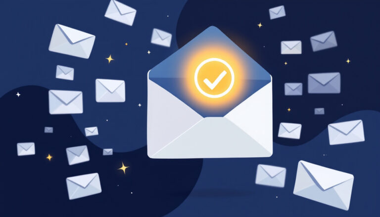 Glowing checkmark on a hero email envelope at center, with faded grey unverified envelopes drifting in the periphery against a dark navy background