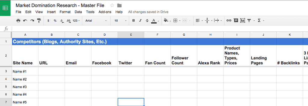 One of the many sheets in the research master file spreadsheet. The idea is that you're going to be constantly adding new entries to this master file over time.