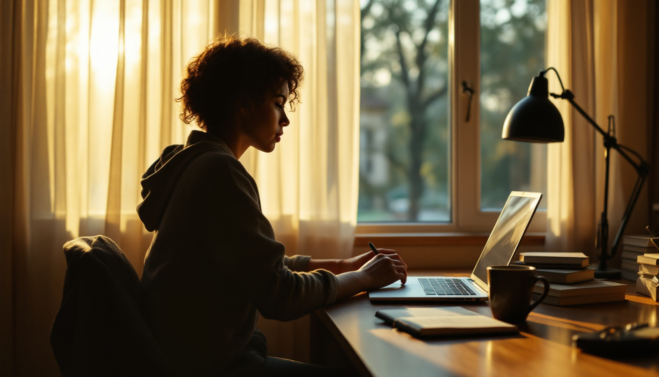 A solitary writer in side profile, paused in a contemplative moment at a wooden desk bathed in warm golden hour light from a window — the quiet practice of honest work.