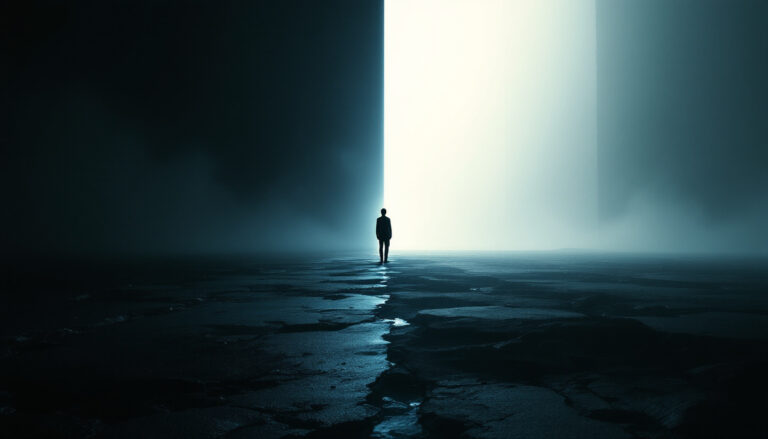 A solitary figure stands at the threshold between two contrasting realities, representing the choice between the Circle of Nothing and the Circle of Success.