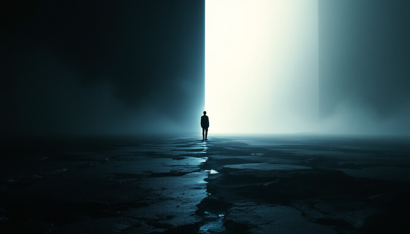 A solitary figure stands at the threshold between two contrasting realities, representing the choice between the Circle of Nothing and the Circle of Success.