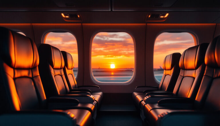 A premium first-class airline cabin at golden hour, empty leather seats catching warm sunset light through oval windows looking out at a runway — visual metaphor for the premium experiences people pay top dollar for.