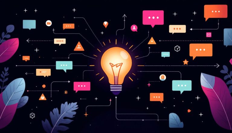 Glowing lightbulb at center surrounded by audience chat bubbles converging inward
