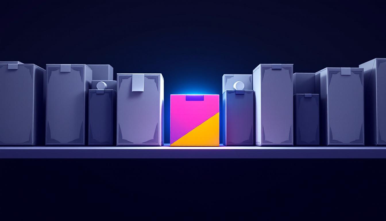 A row of muted grey product boxes on a dark shelf, with one dramatically distinctive magenta and yellow box in the center catching the eye
