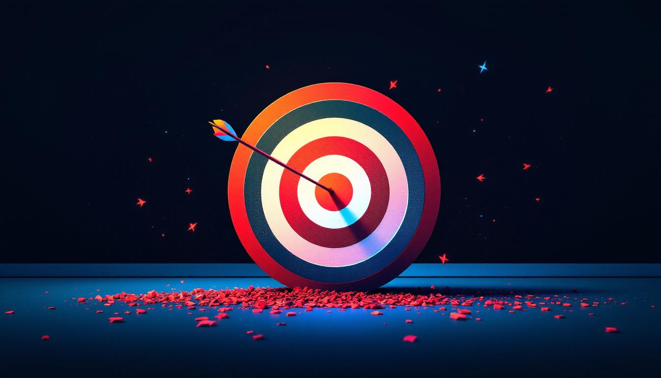 Bullseye target with a single arrow striking near the center, scattered missed marks around it on a dark background