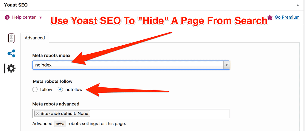 Yoast SEO hide page from search