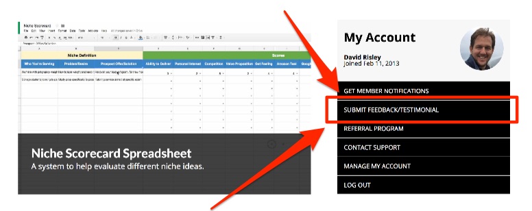 Old member dashboard design with link to submit testimonial