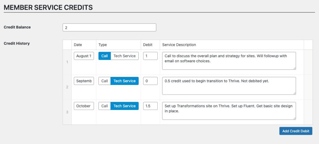 lab-member-credit-fields Service credit system - Wordpress user profile screen