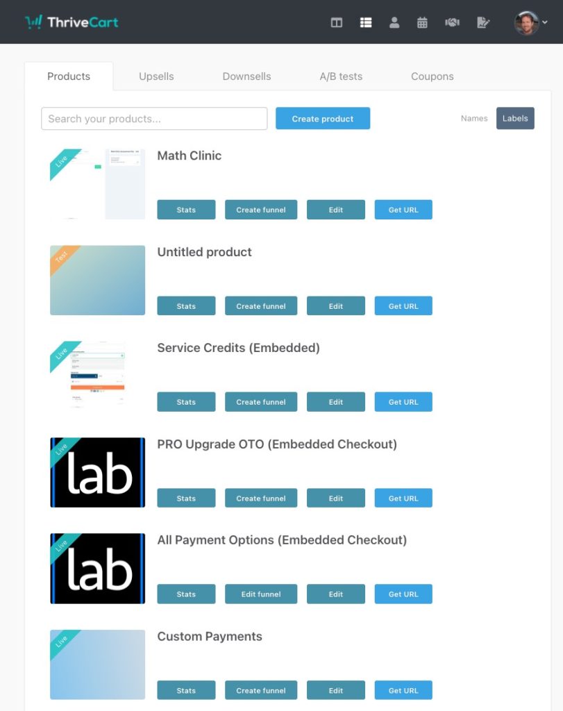 Thrivecart product listing screen