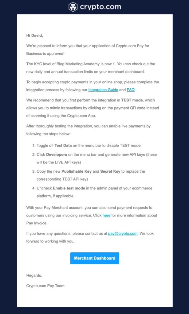 Accept Crypto Payments - Crypto.com Merchant Email