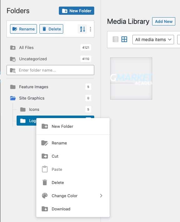 Filebird contextual menu on right-click