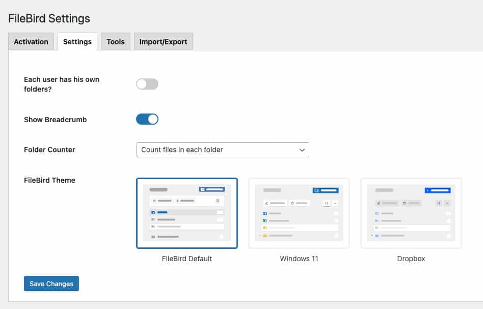 Filebird settings