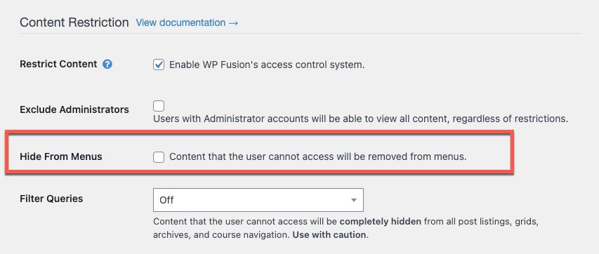 Membership Sites - WP Fusion Hide From Menus