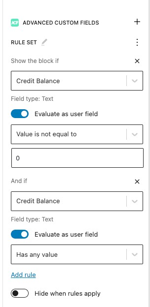 Block Visibility settings to show a block if they have a positive credit balance