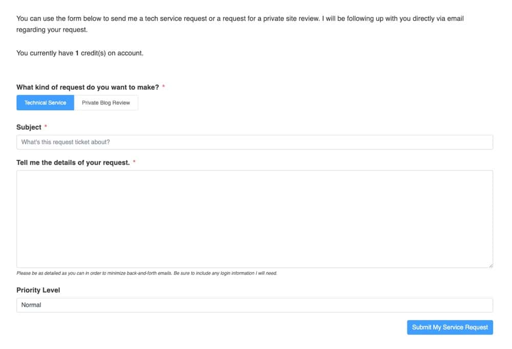 Service request form shown if they have a positive credit balance