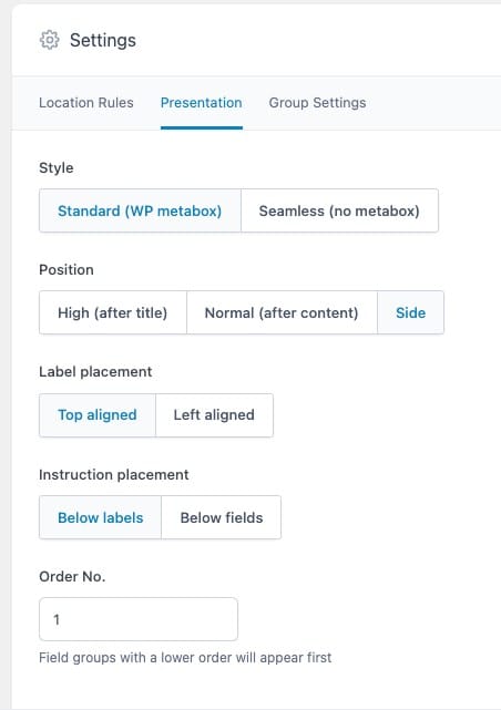 ACF custom fields location settings for content audit