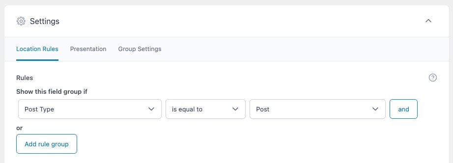 ACF custom fields location settings for content audit