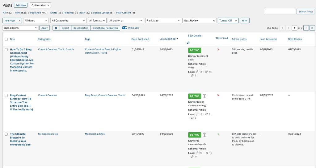 Custom screen columns for content audit