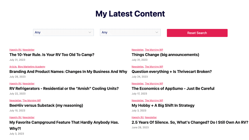 Listing of articles from multiple sources, categorized and filtered
