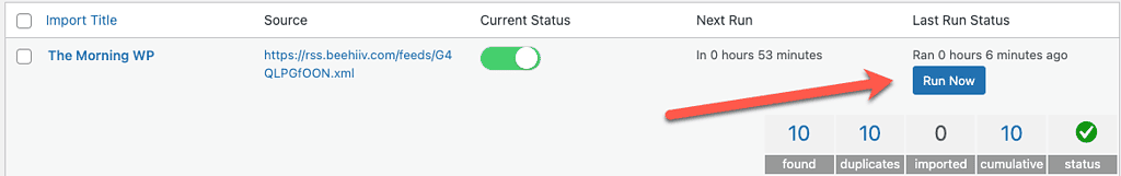 Feedzy - Run Now button
