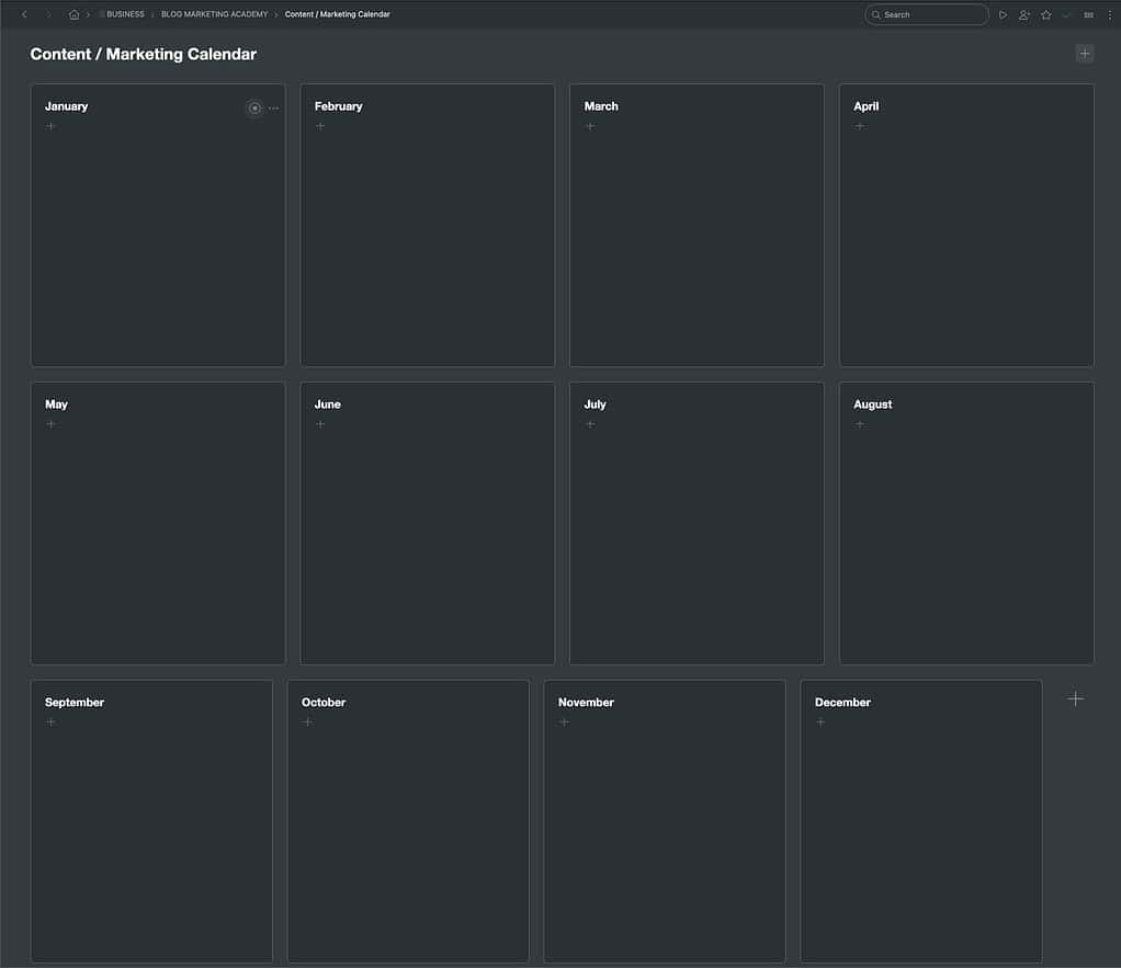 Blank monthly planning tool in Workflowy, using the "Dashboard" layout.