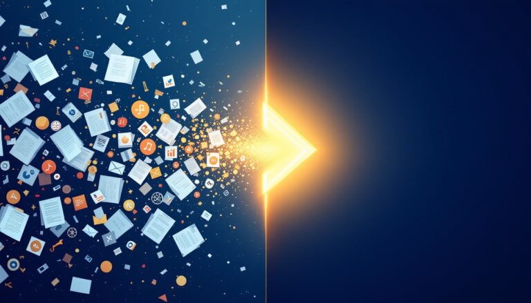 A focused arrow cutting through chaos, leading to a clean and organized destination