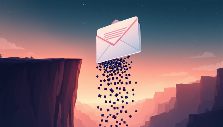 An email envelope at the edge of a cliff dissolving into pixels falling into a canyon, a metaphor for Gmail clipping cutting off newsletter content