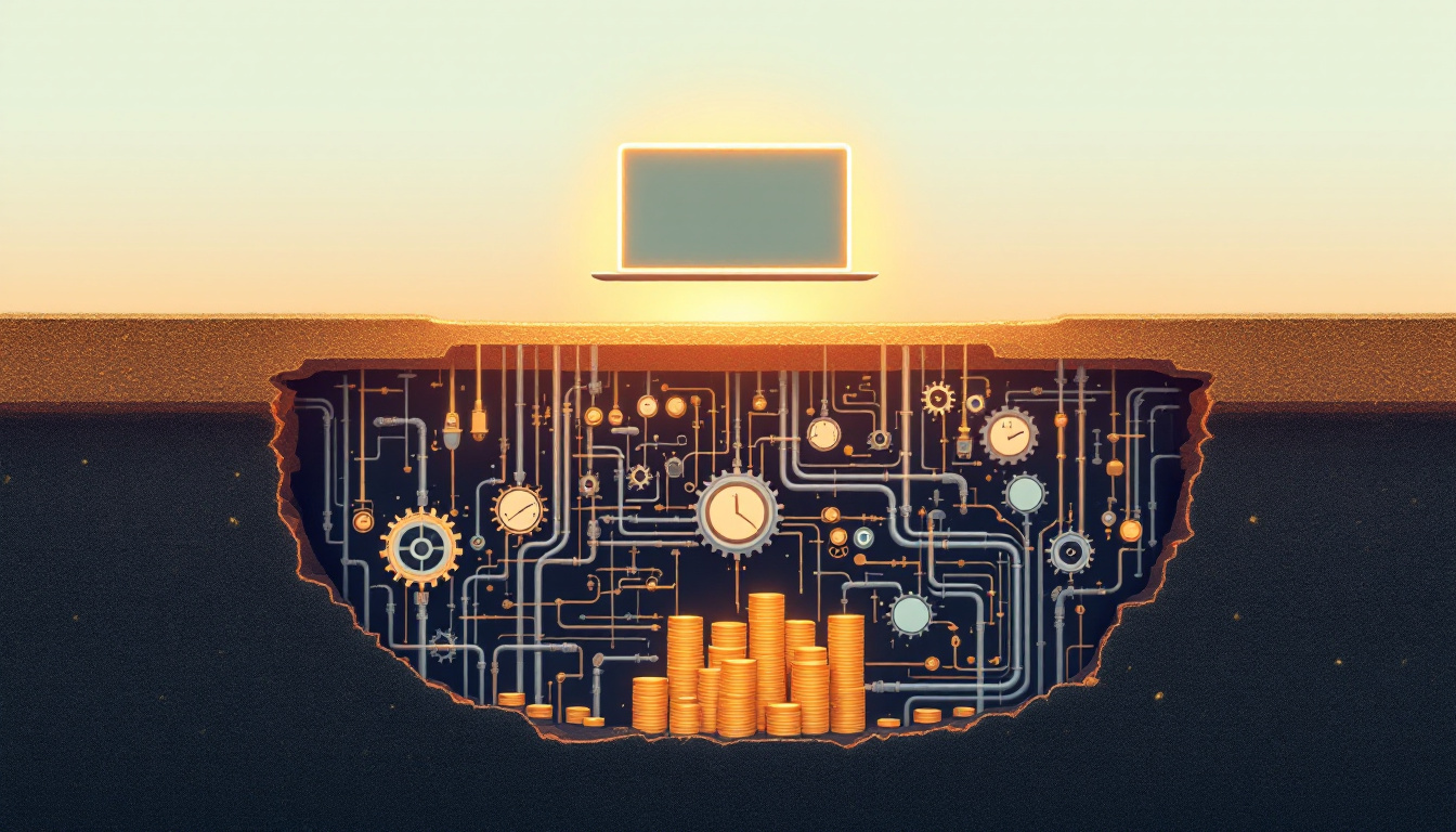 Cross-section illustration of a website above ground with the hidden machinery and costs that keep it running below the surface